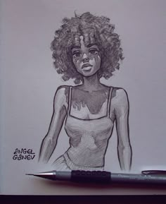 a pencil drawing of a woman with an afro hairdo and bra on her chest