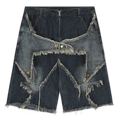 Dark wash denim shorts featuring a unique star-shaped distressed design with frayed edges. These high-waisted shorts blend a classic style with an edgy aesthetic Cheap Washed Blue Streetwear Shorts, Cheap Washed Blue Shorts For Streetwear, Moda Denim, Vintage Denim Shorts, Mid Waist Pants, Mens Denim Shorts, Streetwear Jeans, Y2k Shorts, Clothing Pieces