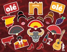 various stickers are arranged in the shape of an animal and other items on a red background