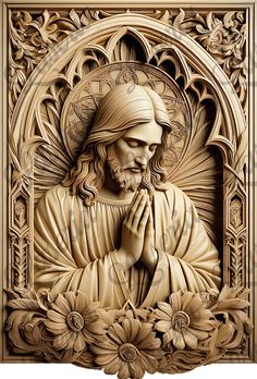 an intricately carved wood carving of jesus with flowers and leaves on the sides, in front of a white background