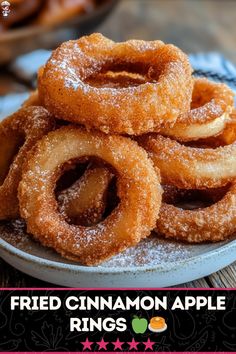 fried cinnamon apple rings on a plate with the words fried cinnamon apple rings above it