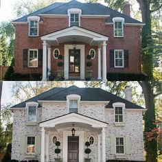 two pictures of the front and side of a brick house with white trimmings