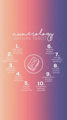 the numerology within tarot info sheet is shown in pink, purple and blue