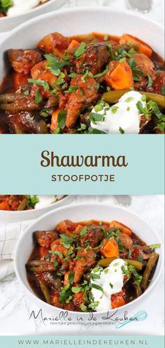 two bowls filled with food on top of a white countertop and the words, shawama stoopotate