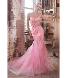 Pink Floral & Beaded Corset Mermaid Gown - Unique Vintage - Womens, DRESSES, PROM AND SPECIAL OCCASION Horsehair Hem, Beaded Corset, Trumpet Silhouette, Cinderella Divine, Dream Wedding Ideas Dresses, Corset Bodice, Pink Tulle, Mermaid Gown, Floral Applique