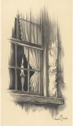 a drawing of a window with curtains and a vase in the window sill next to it