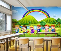 the children are playing in the room with the rainbow mural on the wall behind them