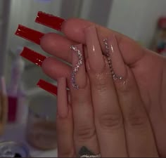 White Acrylic Nails With Red Bottoms, French Tip Nails Red Bottoms, Red Bottom French Tip Acrylic Nails, Baddie Nails Acrylic Designs Red, Red Nails Acrylic Coffin With Diamonds, Red Bottom Nails With Design, Red Bottom Acrylic Nails Square, Long Acrylic Nails Red Bottoms, Black And Silver Red Bottom Nails