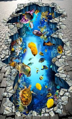 an underwater scene with fish and rocks on the ground, as if it were made out of paper