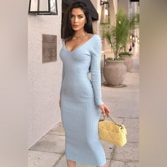 Fashion Nova Small Blue Ribbed Knit Dress V Neckline Ankle Length Long Sleeve 80% Viscose 20% Nylon Dresses Basic, Casual Knit Dress, Bodycon Sweater, Bodycon Sweater Dress, Sweater Maxi Dress, Spring Knits, Knitted Bodycon Dress, Womens Knit Dresses, Sweater Dresses