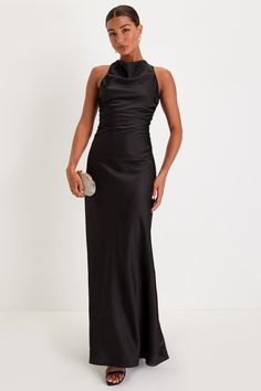 Elegant Black Maxi Dress - Cowl Neck Dress - Backless Maxi Dress - Lulus Black Maxi Wedding Guest Dress, Black Satin Backless Dress, High Neck Black Bridesmaid Dresses, Long Elegant Satin Dresses, Fall Black Bridesmaid Dresses, Black Bridemaid Dress, Black Maid Of Honor Dress Long, Azazie Black Bridesmaid Dresses