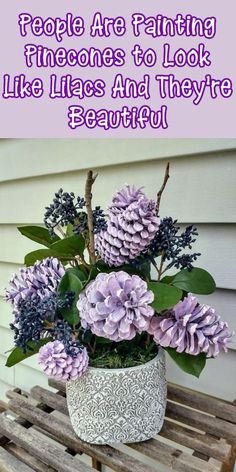 purple flowers sitting in a white vase on top of a wooden bench with the words people are painting pinecones to look like lilas and they're beautiful