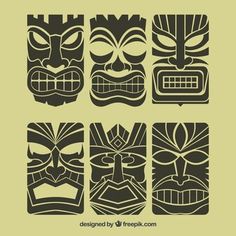 four tiki masks with different designs on the front and back, all in black