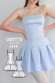 Odette Drop-Waist Pleated Skirt Dress PDF Digital Sewing Pattern for Women Sizes 2-20. Simply one of the dreamiest designs, this Odette mini dress features a stunning array of design lines accentuating your gorgeous figure, as well as princess-like pleats on the flared skirt ❤️ Odette Drop-Waist Pleated Skirt Dress PDF Digital Sewing Pattern for Women Sizes 2-20 Cute Skirt Patterns, Skirt Into Dress Diy, Diy Mini Skirt Pattern, Dress Sewing Patterns Free Easy, Princess Line Dress Pattern, Mini Skirt Pattern Sewing, Sewing A Skirt, Free Dress Patterns For Women, Pleated Skirt Sewing Pattern