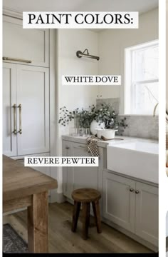 an image of a kitchen with white cabinets and wood flooring in the background, text reads paint colors white dove revere pewer