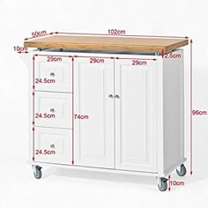 the measurements for a kitchen island with drawers and cupboards on wheels are shown in red