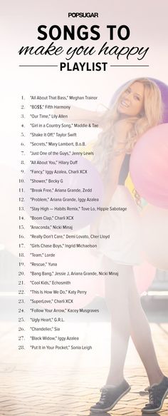 a woman holding a pink ballon in her hand with the words, songs to make you happy playlist