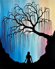 a painting of a woman standing in front of a tree with long, thin branches