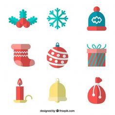 flat design christmas icons with snowflakes, gifts and other holiday items on white background