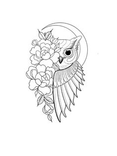 an owl with flowers on it's head and the moon in the sky behind