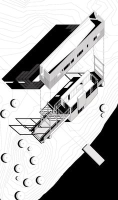 an architectural drawing of two buildings on top of a hill with moon phases in the background