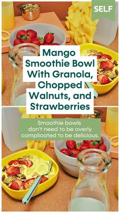 there are two bowls with strawberries in them on the table