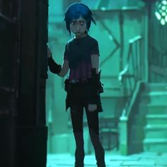 a girl with blue hair standing in an alley