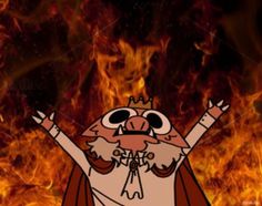 a cartoon character standing in front of a fire with his hands up and arms wide open