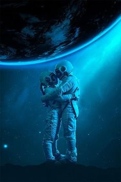 two astronauts in space hugging each other with the earth in the back ground behind them