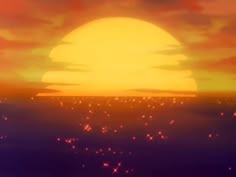 the sun is setting over some water with small stars floating in it's sky