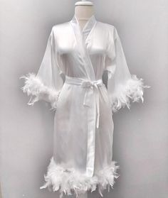 Bride Robe With Feathered Bride Kimono Satin Robe With Skirt | Etsy Elegant Robe With Feather Trim For Wedding Night, Feathered Robe For Wedding Night, Elegant Feather Trim Dress For Wedding Night, Feathered Dresses For Wedding Night, Wedding Satin Robe With Feathers, Elegant Wedding Robe With Feathers, Elegant Wedding Night Dress With Feather Trim, Satin Wedding Dress With Feather Trim, Wedding Satin Dress With Feather Trim