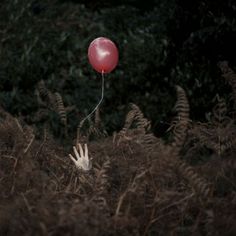 a hand reaching for a red balloon in the middle of tall grass with trees behind it