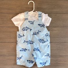 Blue, Shark-Printed Overalls For Boys - Brand New With Tags! Cute Onesies For Babies, Clothes For Baby Boy, Vintage Baby Boy Clothes, Printed Overalls, Baby Boy Overall, Boy Baby Clothes, Baby Clothes Boy