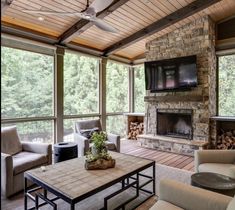 a living room filled with furniture and a flat screen tv mounted to the side of a wall