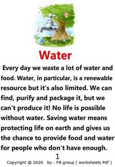 a poster with the words water written in red and green on it, next to an image of a tree