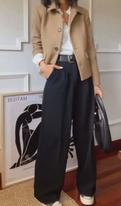 Grey Silk Pants Outfit, Comfortable Formal Outfits, Camel Trousers Outfit Women, French Women Style Outfits Parisian Chic, Olivia Palermo Style 2024, Black Classic Pants Outfit, Black Trousers Outfit Winter, Cream Wide Leg Pants Outfits, Trousers Outfit For Women