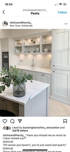 an instagramted photo of a kitchen with plants on the island and white cabinets