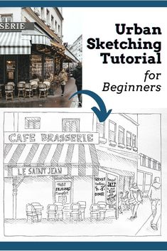 the urban sketching course for beginners includes an image of a cafe and restaurant