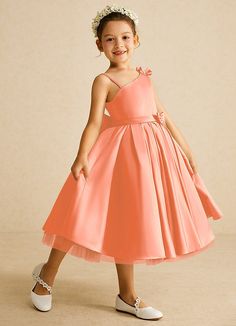 Complete your bridal party with our modern matte satin flower girl dress, Lollipop. Her one-shoulder neckline is complemented with a bow at the shoulder and bow belt. The skirt is ruched beautifully to flare as she walks down the aisle. Lollipop Flower, Tea Length Flower Girl Dress, Tea Length Tulle, Satin Flower Girl Dress, Tulle Flower Girl, Bow Belt, Flower Girl Dresses Tulle, Satin Flowers, Matte Satin