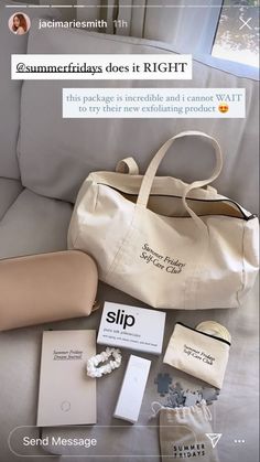 a white bag sitting on top of a couch next to some tags and other items