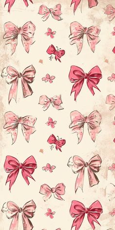 a bunch of pink bows that are on a white background with red and black ink