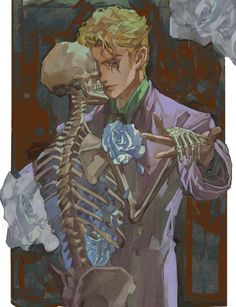 a painting of a man with a skeleton in his hand and a rose on his shoulder