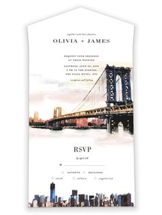 an image of a wedding card with the city skyline and bridge in watercolor on it