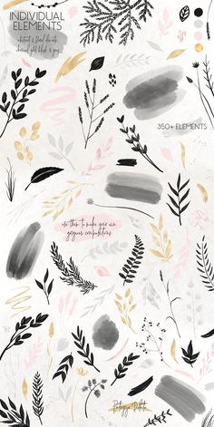 an image of various plants and leaves painted in black and gold on white paper with the words individual elements written below it