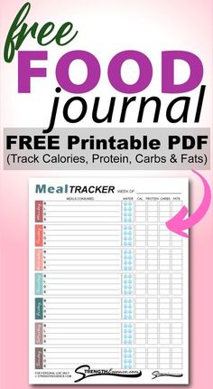 the free food journal printable for meal trackerrs and diet trackerrs, with text overlay