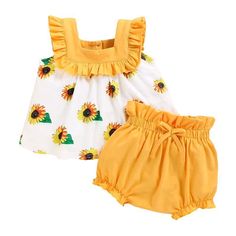 2-Pieces Sunflower Print suit For Toddler Girls - PrettyKid Cotton Sets For Spring And Summer, Cute Yellow Sets For Summer, Summer Floral Print Sleeveless Set, Sleeveless Summer Sets With Floral Print, Cute Yellow Summer Sets, Sleeveless Floral Print Summer Sets, Cute Yellow Summer Set, Summer Cotton Playwear Sets, Summer Cotton Sets In Yellow