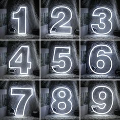 the numbers are lit up in different styles and sizes, including one that is white