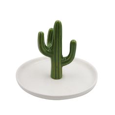 a green cactus sitting on top of a white plate