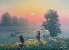 a painting of two horses and a dog in a field at sunset with the sun behind them