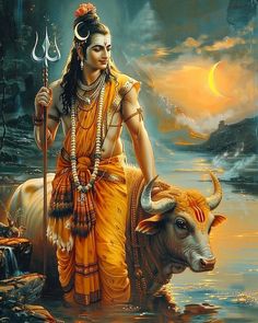 a painting of a hindu god sitting in the water with his cow and holding a staff